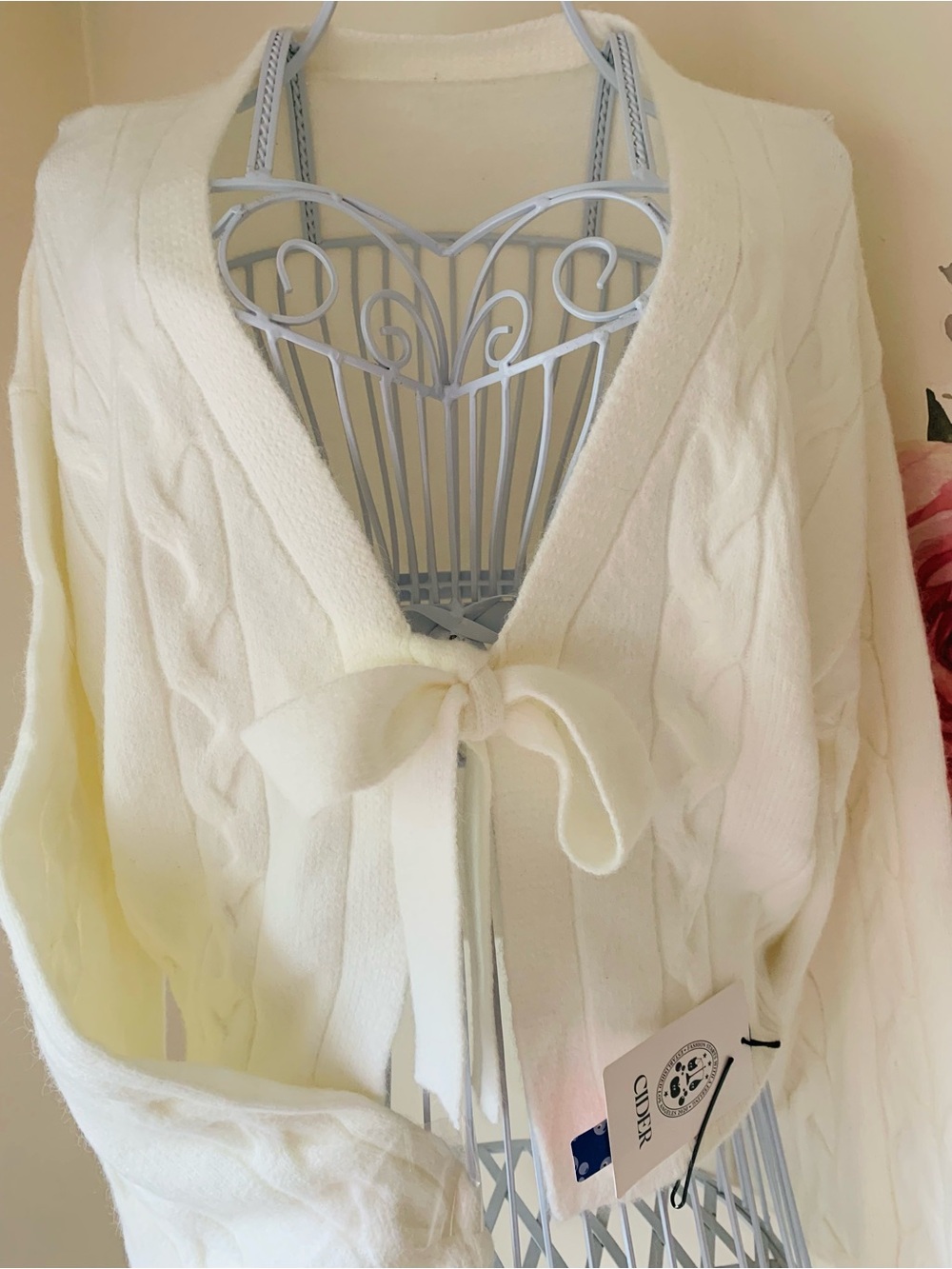 Cider Cable Knit  Bow Tie Front Cardigan Bunny Soft White XL Cozy Romantic - Picture 3 of 15